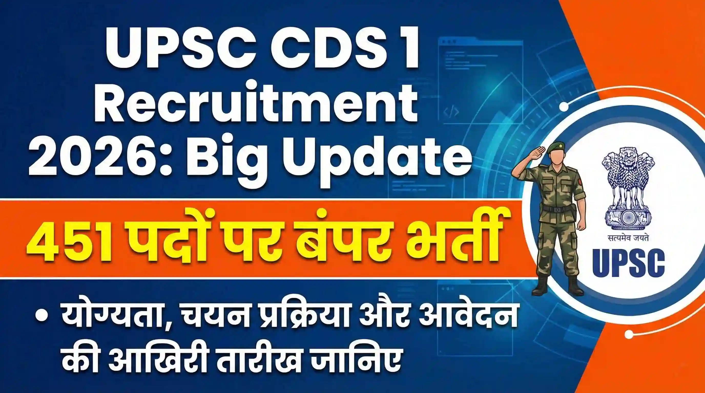 UPSC CDS 1 Recruitment 2026: Big Update 451 पदों पर बंपर भर्ती, योग्यता, चयन प्रक्रिया और आवेदन की आखिरी तारीख जानिए